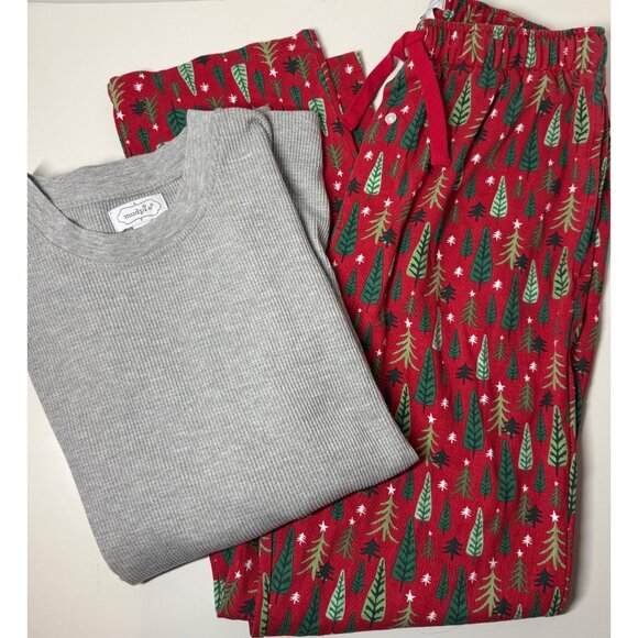 Mud Pie Christmas tree pajama Set Mens Medium red green pants waffle weave PJs - Picture 1 of 12